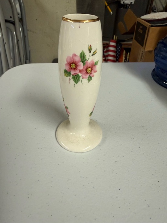 Lord Nelson Pottery Other - Delicate White Porcelain Bud Vase with Pink Floral Motif and Gold Rim
